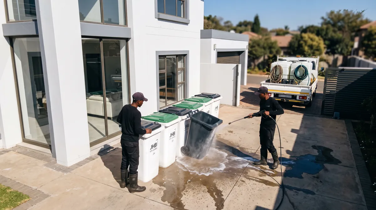 Bin Cleaning Services South Africa - two cleaners in black uniforms pressure-washing a wheelie bin on the driveway of a white South African home, with a bakkie carrying water tanks behind Bin Cleaning Services South Africa - two cleaners in black uniforms pressure-washing a wheelie bin on the driveway of a white South African home, with a bakkie carrying water tanks behind